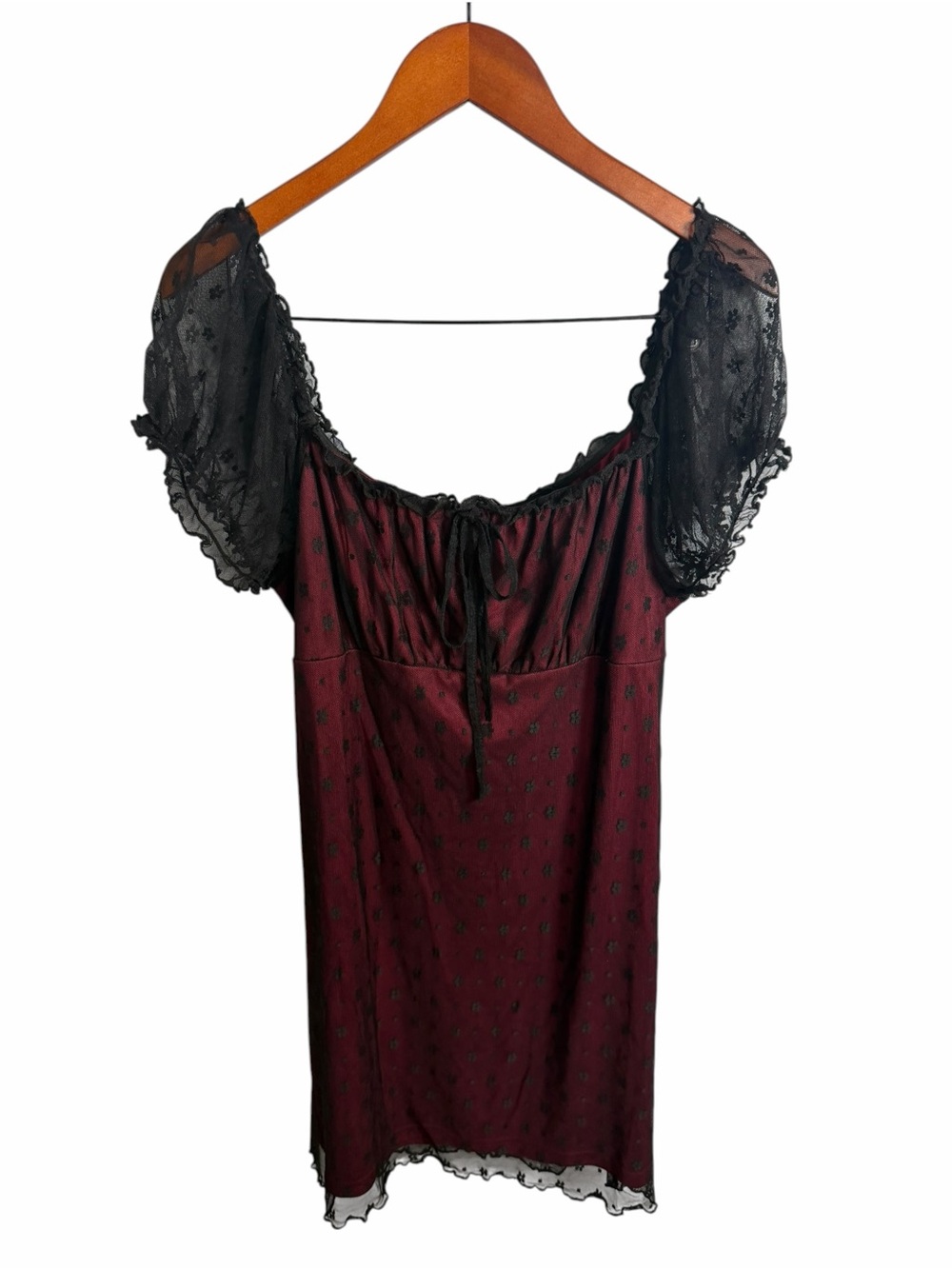 Cider Burgundy Mini Dress with Black Polka-Dot Mesh Stretch 1X - Picture 2 of 10